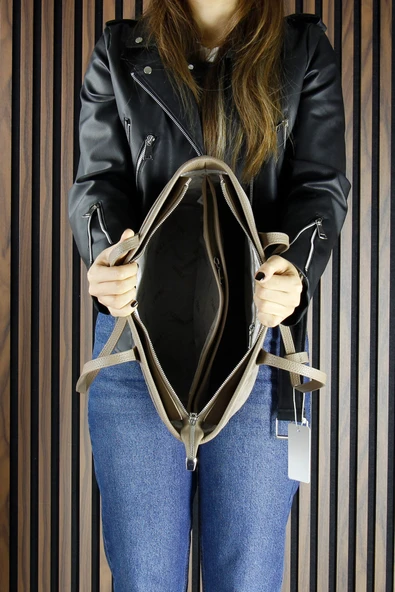 Erkan Saçmacı Kum Hakiki Dana Süet Fermuarlı Üç Bölmeli İç Cepli Büyük Boy Günlük Omuz Çantası - Resim 5