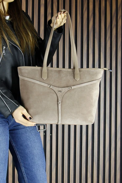 Erkan Saçmacı Kum Hakiki Dana Süet Fermuarlı Üç Bölmeli İç Cepli Büyük Boy Günlük Omuz Çantası - Resim 7