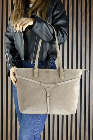 Erkan Saçmacı Kum Hakiki Dana Süet Fermuarlı Üç Bölmeli İç Cepli Büyük Boy Günlük Omuz Çantası ürün görseli 1