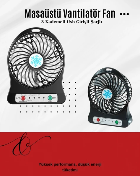 CEYLAN ADAM USB Girişli Taşınabilir Masaüstü Mini Fan – 3 Kademeli Hız, Şarjlı, Işıklı, Sessiz Çalışma ürün görseli 1