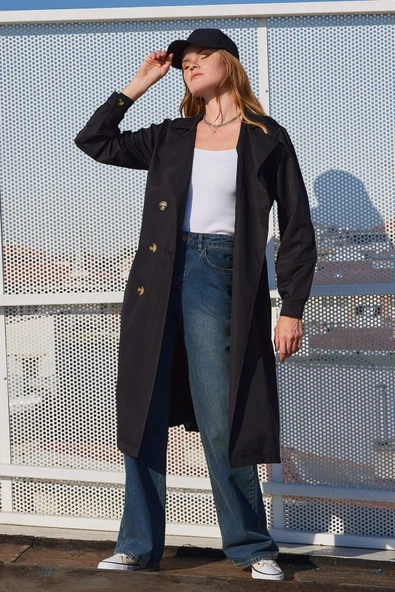 Lucky Life Kruvaze Yaka Trençkot - Siyah - Resim 3