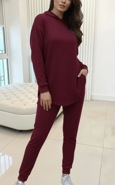 Lucky Life Kadın Uzun Kollu Kapşonlu Meloni Bluz Ve Pantolon Ikili Takım ürün görseli 1