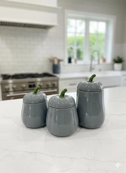 3'LÜ KAPAKLI BAL KABAK KAVANOZ SETİ ANTRASİT PUMPKIN SERİSİ SERAMİK 500, 750 ve 1000 ML - Resim 3