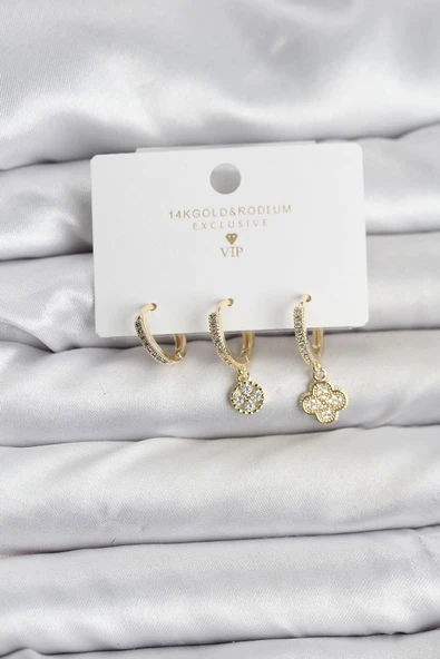 Pirinç Gold Renk Yonca Model 3'lü Kadın Küpe Seti ürün görseli 1