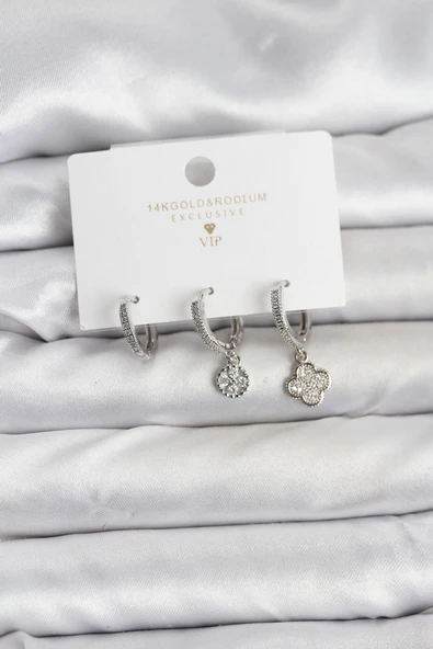 Pirinç Gümüş Renk Yonca Model 3'lü Kadın Küpe Seti ürün görseli 1