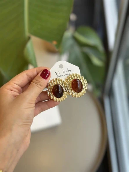 LitaeTrend Taşlı Küpe - Kahverengi - Resim 2