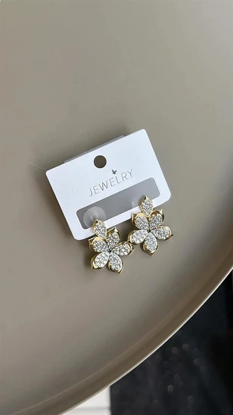 LitaeTrend Taşlı Çiçek Küpe - Altın - Resim 2