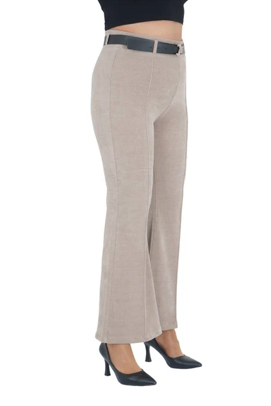 Büyük Beden Fitilli Kadife Kemerli Yüksek bel İspanyol Paça Kadın Pantolon - Resim 8