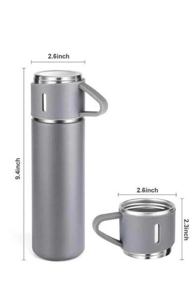 CEYLAN ADAM Termos Seti Paslanmaz Çelik 3 Bardaklı Vakumlu Termos Set 500 Ml 12 Saate Kadar Isı Koruma - Resim 3