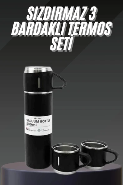 CEYLAN ADAM Termos Seti Paslanmaz Çelik 3 Bardaklı Vakumlu Termos Set 500 Ml 12 Saate Kadar Isı Koruma ürün görseli 1