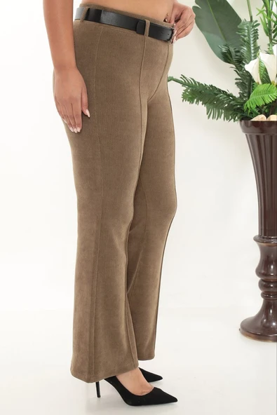 Büyük Beden Fitilli Kadife Kemerli Yüksek bel İspanyol Paça Kadın Pantolon - Resim 11