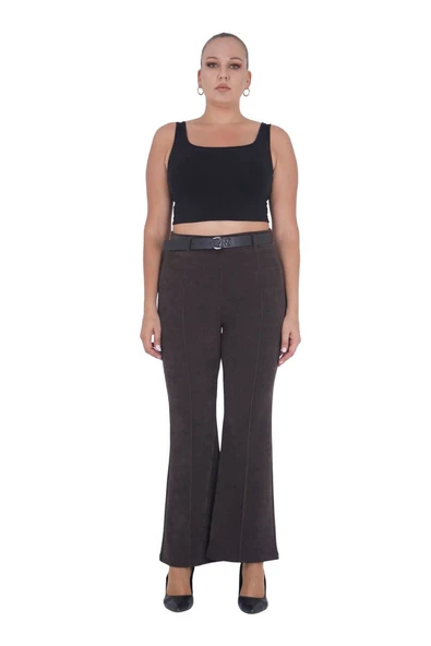 Büyük Beden Fitilli Kadife Kemerli Yüksek bel İspanyol Paça Kadın Pantolon ürün görseli 1