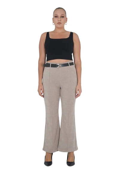 Büyük Beden Fitilli Kadife Kemerli Yüksek bel İspanyol Paça Kadın Pantolon - Resim 6