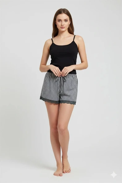 LitaeTrend Çizgili Penye Kadın Ev Şortu Bacak Dantel Detaylı Ev Giyim Siyah ürün görseli 1