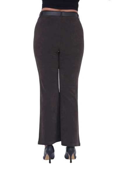 Büyük Beden Fitilli Kadife Kemerli Yüksek bel İspanyol Paça Kadın Pantolon - Resim 4