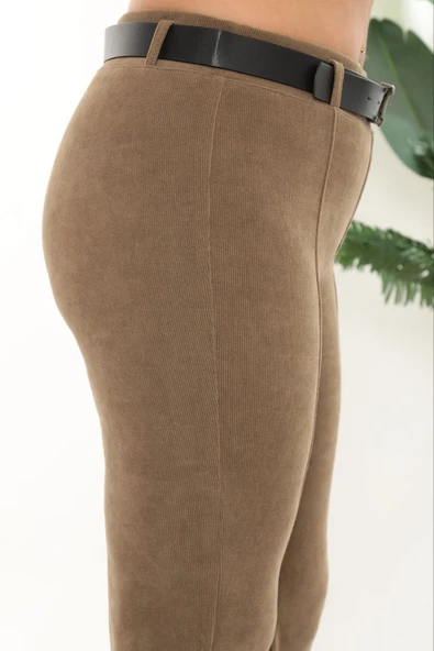 Büyük Beden Fitilli Kadife Kemerli Yüksek bel İspanyol Paça Kadın Pantolon - Resim 12