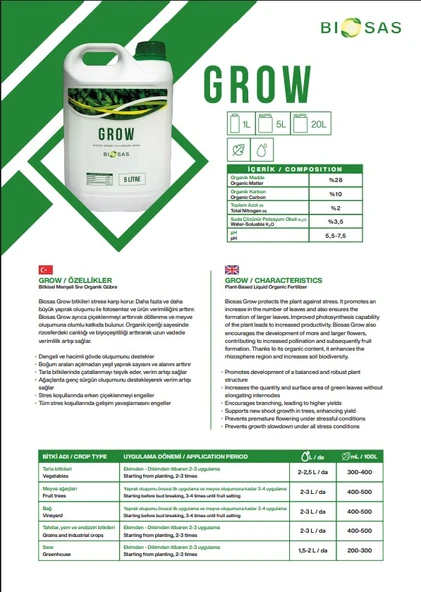 Biosas GROW 5 LT Bitkisel Menşeli Sıvı Organik Gübre - Resim 2