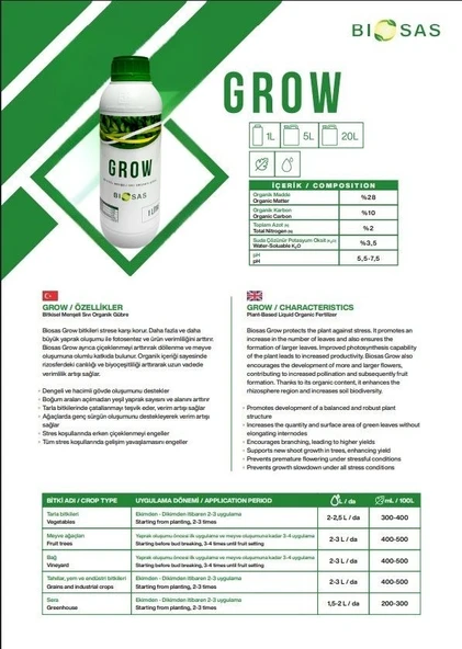 Biosas GROW 1 LT Bitkisel Menşeli Sıvı Organik Gübre - Resim 2