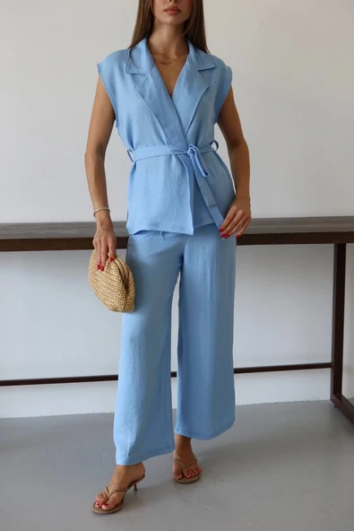 Keten yelek pantolon takım mavi pt ürün görseli 1