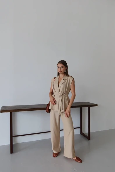 Keten yelek pantolon takım bej pt - Resim 4