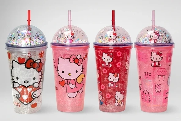 CEYLAN ADAM Sevimli Hello Kitty Işıklı Pipetli Boncuklu Suluk & Bardak 400 Ml Alk3145 ürün görseli 1
