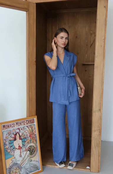 Keten yelek pantolon takım indigo pt ürün görseli 1