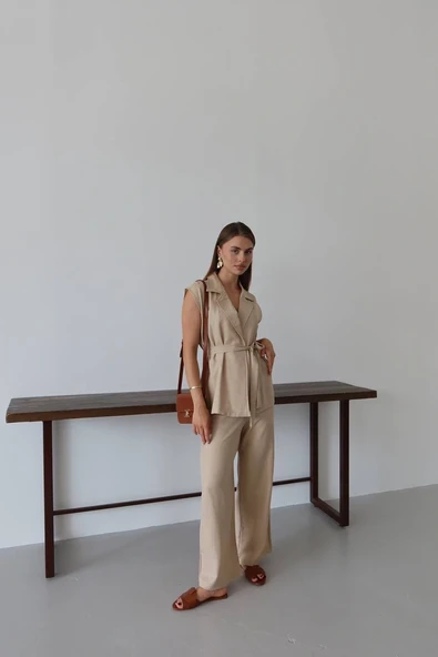 Keten yelek pantolon takım bej pt - Resim 3