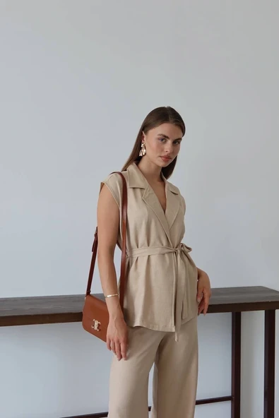 Keten yelek pantolon takım bej pt - Resim 7