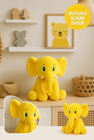 Sarı Fil Peluş Oyuncak 20×17 cm – Çocuk Odası Dekoru, Sevimli Bebek Hediyesi, Yumuşak Peluş Figür - Resim 2