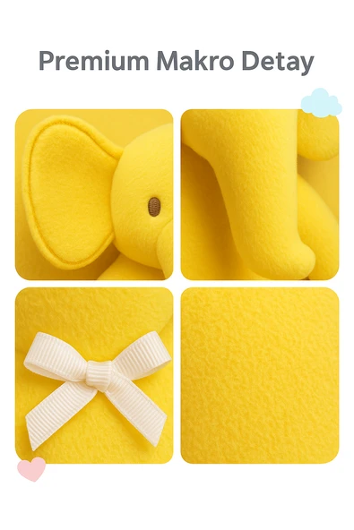 Sarı Fil Peluş Oyuncak 20×17 cm – Çocuk Odası Dekoru, Sevimli Bebek Hediyesi, Yumuşak Peluş Figür - Resim 3