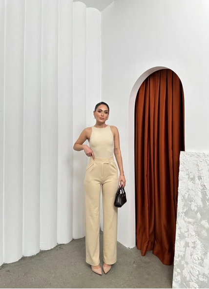 Cırtlı pantolon krep bej pt ürün görseli 1