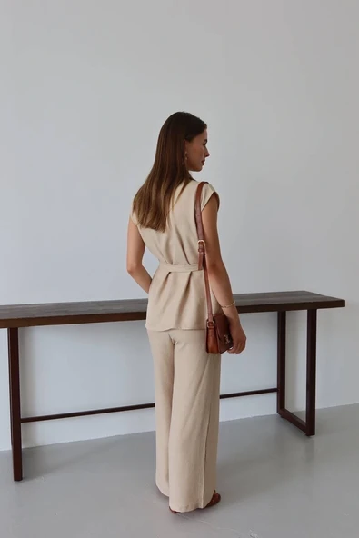 Keten yelek pantolon takım bej pt - Resim 5