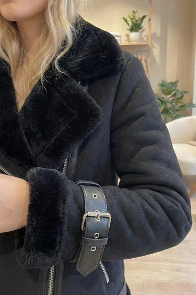 Kadın Suni Kürk Detaylı Siyah Süet Mont - Resim 5