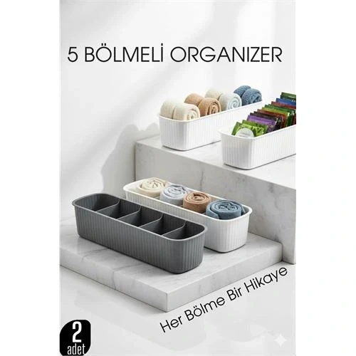 CEYLAN ADAM 5 Bölmeli Dolap ve Çekmece İçi 2’li Set Organizer Kutusu (Gri & Beyaz) ürün görseli 1