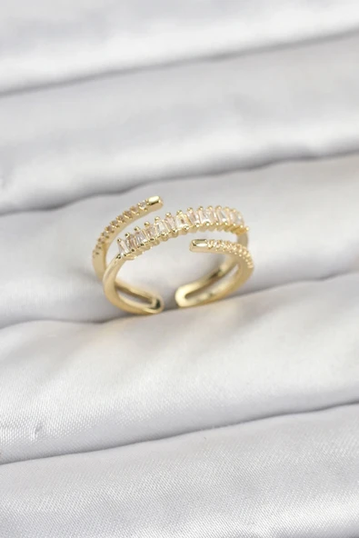 CEYLAN ADAM Pirinç Gold Renk Sıralı Baget Zirkon Taşlı Kadın Yüzük ürün görseli 1