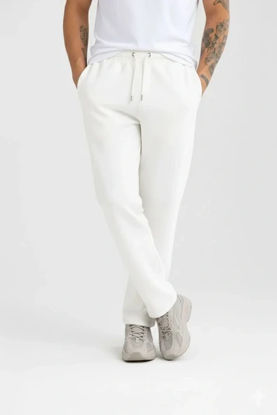 Erkek Üç iplik Kışlık Pamuklu Ovarsize Bağcıklı Düz Paça Cepli Eşofman Altı Spor Rahat Model - Beyaz ürün görseli 1