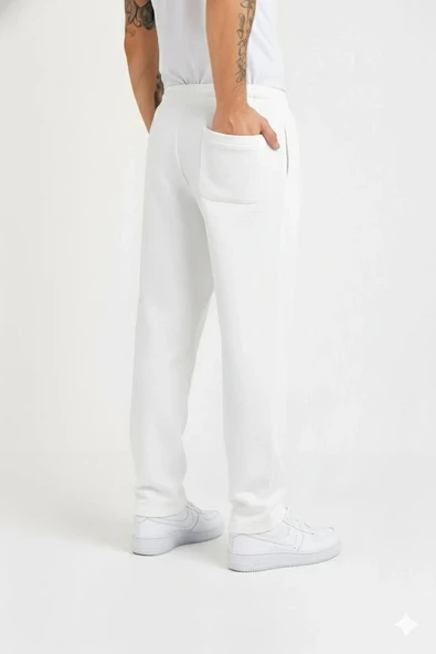Erkek Üç iplik Kışlık Pamuklu Ovarsize Bağcıklı Düz Paça Cepli Eşofman Altı Spor Rahat Model - Beyaz - Resim 2