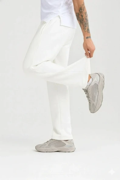 Erkek Üç iplik Kışlık Pamuklu Ovarsize Bağcıklı Düz Paça Cepli Eşofman Altı Spor Rahat Model - Beyaz - Resim 4