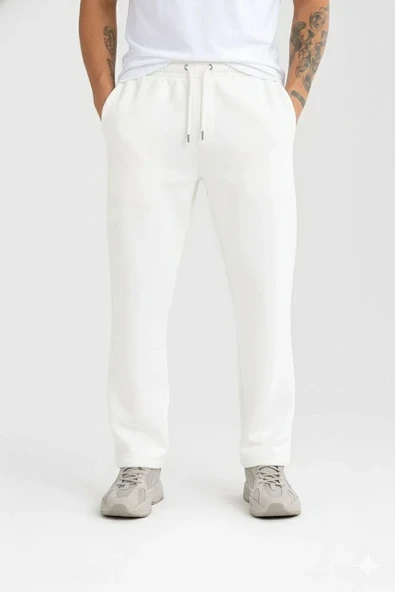Erkek Üç iplik Kışlık Pamuklu Ovarsize Bağcıklı Düz Paça Cepli Eşofman Altı Spor Rahat Model - Beyaz - Resim 3