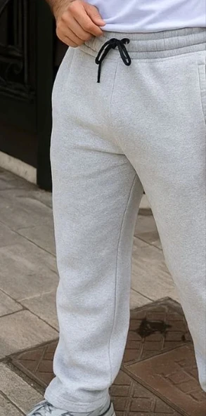 Erkek Üç iplik Kışlık Pamuklu Ovarsize Bağcıklı Düz Paça Cepli Eşofman Altı Spor Rahat Model - Gri - Resim 3