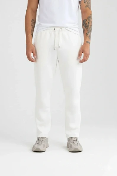 Erkek Üç iplik Kışlık Pamuklu Ovarsize Bağcıklı Düz Paça Cepli Eşofman Altı Spor Rahat Model - Beyaz - Resim 5