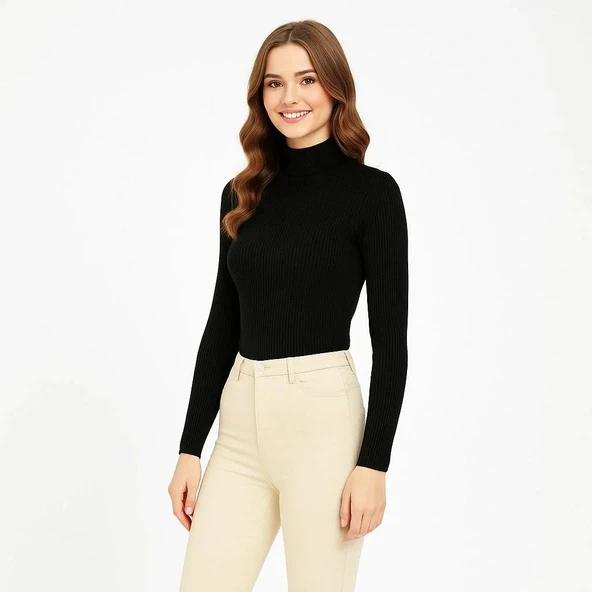 Kadın Tam Boğazlı Fitilli Likrali Koşkorse Badi - Siyah - Resim 5