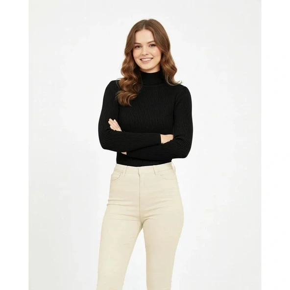 Kadın Tam Boğazlı Fitilli Likrali Koşkorse Badi - Siyah - Resim 2