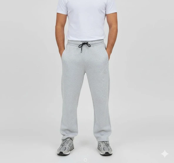 Erkek Üç iplik Kışlık Pamuklu Ovarsize Bağcıklı Düz Paça Cepli Eşofman Altı Spor Rahat Model - Gri ürün görseli 1