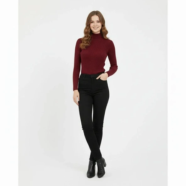 Kadın Tam Boğazlı Fitilli Likrali Koşkorse Badi - Bordo - Resim 3