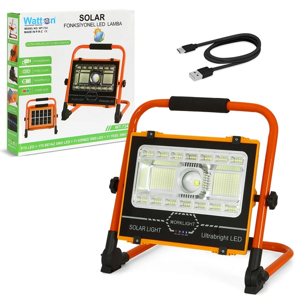 Watton WT-734 P70 LED Solar Panel Şarjlı Taşınabilir Projektör (176 SMD + Yan LED) - Resim 2