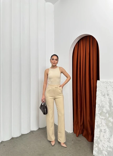 Cırtlı pantolon krep bej pt - Resim 5