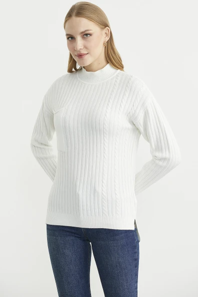 Dik Yaka Cep Detaylı Triko Kazak - Kemik - Resim 3