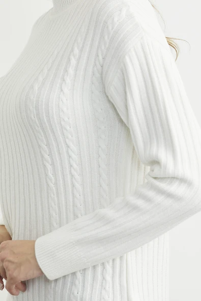 Dik Yaka Cep Detaylı Triko Kazak - Kemik - Resim 4