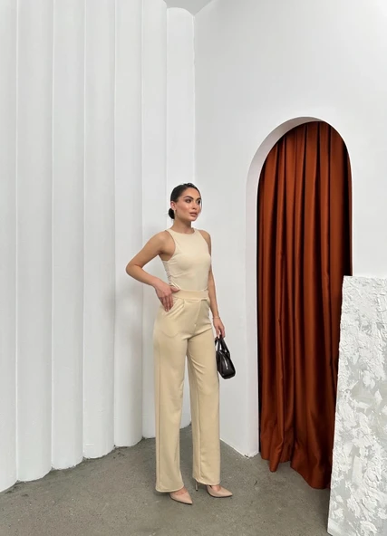 Cırtlı pantolon krep bej pt - Resim 3